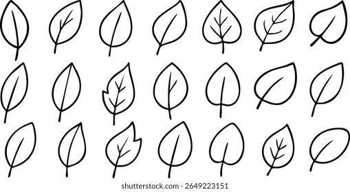 Hand-drawn set of 20 black leaf outline icons. Simple and minimal botanical elements, ideal for eco branding, packaging, stickers, or nature-themed designs