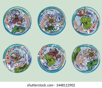 Hand-drawn set of 6 vector koi fish, lotus flowers and circular leaves in a water wave for a tattooed background, media composed of vowels.Japanese style stripes, advertising media design.