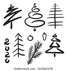Hand-drawn set of abstract Christmas trees. Clip art for design holidays New Year and Christmas. Black contours, lines. Isolated on white background. Sketch Doodle style. Vector art illustration