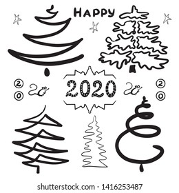 Hand-drawn set of abstract Christmas trees. Clip art for design holidays New Year and Christmas. Black contours, lines. Isolated on white background. Sketch Doodle style. Vector art illustration