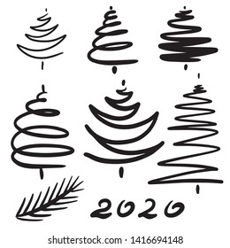Hand-drawn set of abstract Christmas trees. Clip art for design holidays New Year and Christmas. Black contours, lines. Isolated on white background. Sketch Doodle style. Vector art illustration