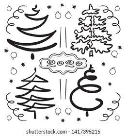 Hand-drawn set of abstract Christmas trees. Clip art for design holidays New Year and Christmas. Black contours, lines. Isolated on white background. Sketch Doodle style. Vector art illustration