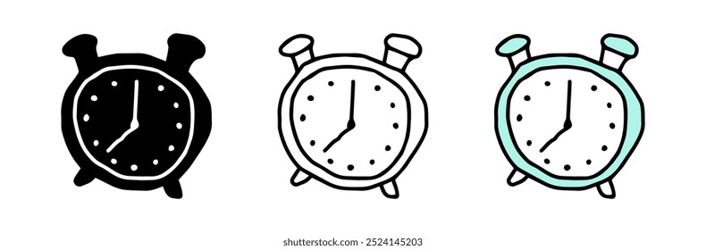 Hand-drawn Set of alarm clock icons featuring colored illustration, black silhouette, and black outline, isolated on a white background. Concept of time, punctuality, daily routine