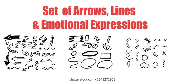 Hand-drawn set of arrows, lines and emotional expressions.