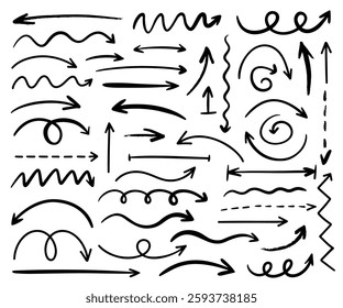 Hand-drawn set of arrows. Vector doodles on white background. Design elements for presentations or education. Sketch black arrows 