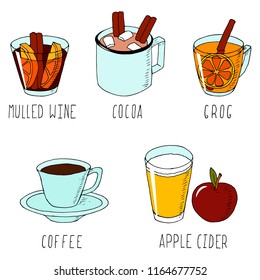 Hand-drawn set of autumn cocktails. Hot beverages. Vector cartoon sketches. Isolated objects on a white background. Lettering.