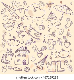 Hand-drawn set of autumn icons. Vector doodle illustration.Cute cartoon background. Clip art for design.