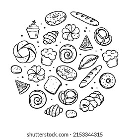 A hand-drawn set of bakery items elements bretzel croissant bread donut baguette Vector doodle sketch.