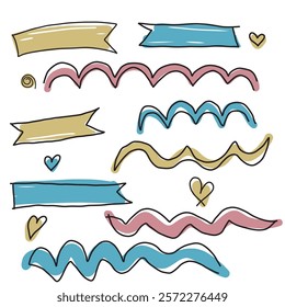 Hand-drawn set banners for Valentines day, squiggles, and hearts in pastel colors, ideal for creative design projects
