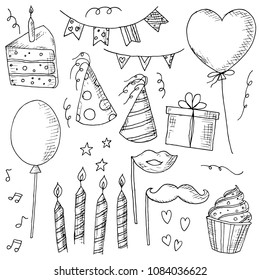 Hand-drawn set of birthday. Birthday wrapping paper. Cartoon doodles. Vector sketches.