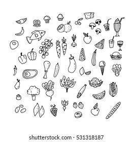 Hand-drawn set of black and white food and drink icons. Vector art.