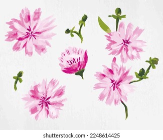 Hand-drawn set of blue and pink flowers
