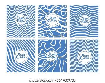  Hand-drawn set of blue wavy line patterns inspired by sea ripples and water waves, with Hello It’s Summer Time handwritten text in the center. Fun, organic summer design