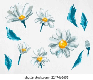 Hand-drawn set of blue and white daisies