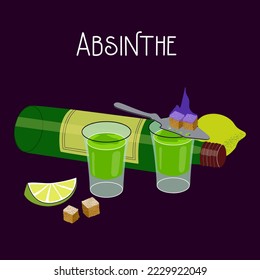 Hand-drawn set with bottle of absinthe, shots, lime and burning sugar.