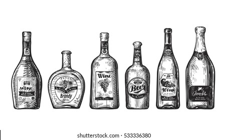 Hand-drawn set bottles for bar. Alcoholic beverages, drink such as wine, beer, brandy, champagne, whiskey, vodka. Sketch vector illustration