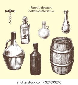 Hand-drawn set of bottles and wood barrel, vector illustration.