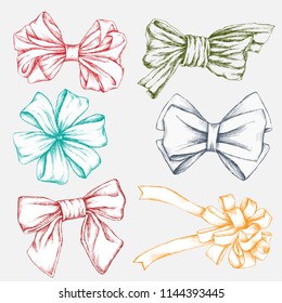 Hand-drawn set of bows to decorate the composition.  Engraving art. Tied ribbon for banner and advertising by cross hatching, contour hatching pen ink sketch drawing technique.Use tecnicial handl