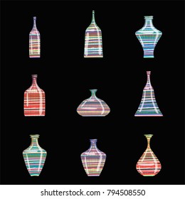 Hand-drawn set of bright colored antique jugs for drinks and flowers