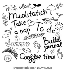 Hand-drawn set. Bullet journal stickers for diary. Objects helping in planning diary. Sticky label describes the action for every day. Labeled elements help you make plans. Motivational lettering.