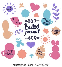 Hand-drawn set. Bullet journal stickers for diary. Objects helping in planning diary. Sticky label describes the action for every day. Labeled elements help you make plans. Motivational lettering.