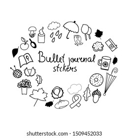 Hand-drawn set. Bullet journal stickers for diary. Objects helping in planning diary. Sticky label describes the action for every day. Labeled elements help you make plans. Quick sketch.