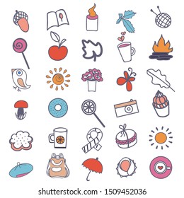  Hand-drawn set. Bullet journal stickers for diary. Objects helping in planning diary. Sticky label describes the action for every day. Labeled elements help you make plans. Quick sketch.