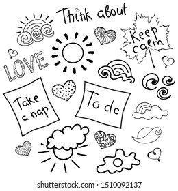 Hand-drawn set. Bullet journal stickers for diary. Objects helping in planning diary. Sticky label describes the action for every day. Labeled elements help you make plans. Motivational lettering.