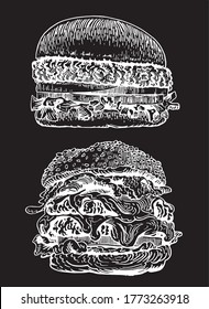 Hand-drawn  set of burgers isolated on black, vector elements ,graphical illustration,fast food