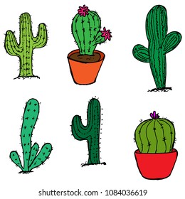 Hand-drawn set of cactus. Cartoon doodles. Vector sketches. Colorful illustration.