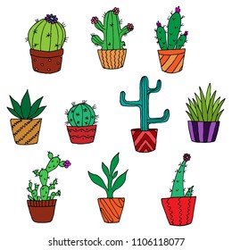 Hand-drawn set of cactus. Cartoon doodles. Vector sketches. Isolated objects on a white background. Colorful illustration. 