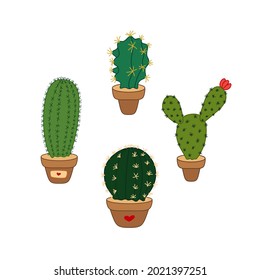 Hand-drawn set of cactus. Vector colorful illustration isolated on white background. Decoration for greeting cards, posters, flyers, prints for clothes.