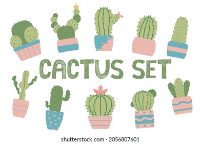 Hand-drawn set of cactuses in pots. Houseplants set. Blooming cacti. The set is suitable for stickers, prints, postcards.