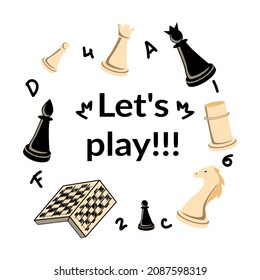 Hand-drawn set of cartoon chess game, chess pieces. Doodle sketch style. Vector illustration.