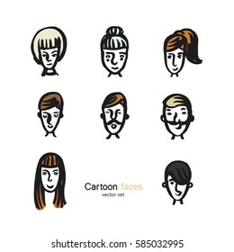 Handgezeichnete Reihe von Cartoon-Gesichter im Pinselstil - doodle Sammlung von Avataren auf weißem Hintergrund.