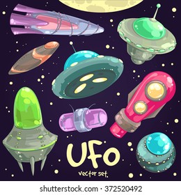 Hand-drawn set of cartoon funny saucers, spaceships and UFO. Space and astronomy fantastic vector illustration of unidentified flying objects, kids wallpaper