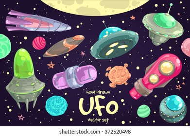 Hand-drawn set of cartoon funny saucers, spaceships and UFOs. Space and astronomy fantastic vector illustration. Unidentified flying objects.