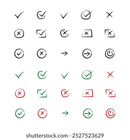 Un conjunto de marcas de verificación, cruces y símbolos de poder dibujados a mano ofrece diseños de Vectores únicos y editables. Perfecto para iconos, Elementos de interfaz de usuario, presentaciones e infografías. Escalable tanto para impresión como digital.