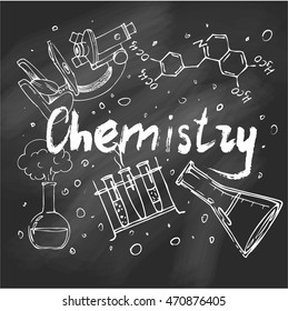 Hand-drawn set of chemistry objects for your project. Chemistry laboratory vector background. Black board.