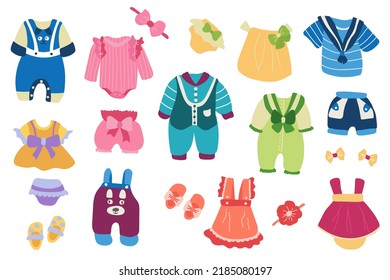 Hand-drawn set of children's clothes. White background, isolate. Vector illustration.	