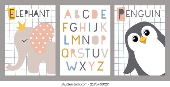 A Hand-drawn Set Of Children's Illustrations In A Flat Style. Elephant, Penguin And English Alphabet. Wall Art Drawing With Cute Animals. For A Postcard, Poster, Decoration Of A Children's Room.