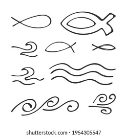 Hand-drawn set Christian icons fish and waves isolated on white background. Religion and Christianity. Christian symbols. Vector illustration