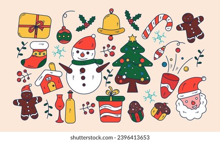 Hand-drawn of a Set of Christmas Elements, in Doodle Style