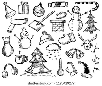 Hand-drawn set of Christmas illustrations. Vector cartoon sketches. Isolated objects on a white background. Winter conception.