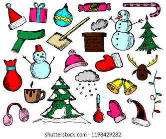 Hand-drawn set of Christmas illustrations. Vector cartoon sketches. Isolated objects on a white background. Winter conception.