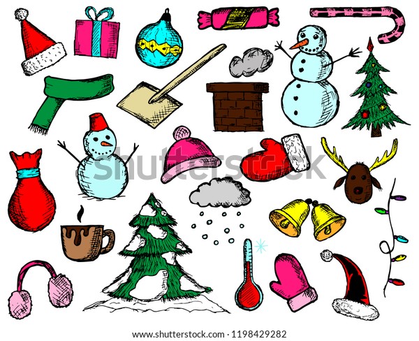 Download Handdrawn Set Christmas Illustrations Vector Cartoon Stock Vector Royalty Free 1198429282 Yellowimages Mockups