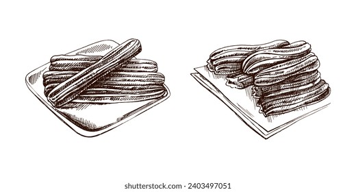 Hand-drawn set of churos in sketch style. Vintage drawing of Mexican dessert. Vector black ink outline food illustration. Mexican food, cuisine. An illustration for the menu. Latin America.