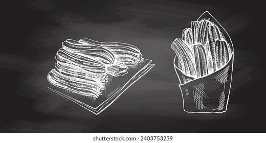 Hand-drawn set of churos sketch style on chalkboard background. Vintage drawing of Mexican dessert. Vector black ink illustration. Mexican food, cuisine. Latin America.