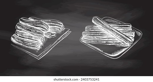 Hand-drawn set of churos sketch style on chalkboard background. Vintage drawing of Mexican dessert. Vector black ink illustration. Mexican food, cuisine. Latin America.