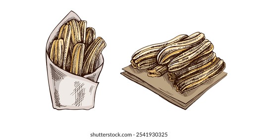 Conjunto de churos dibujados a mano en estilo sketch. Antiguas dibujo de postre mexicano. Ilustración de comida de contorno de tinta negra de Vector. Comida mexicana, cocina. Una ilustración para el menú. Latina América.